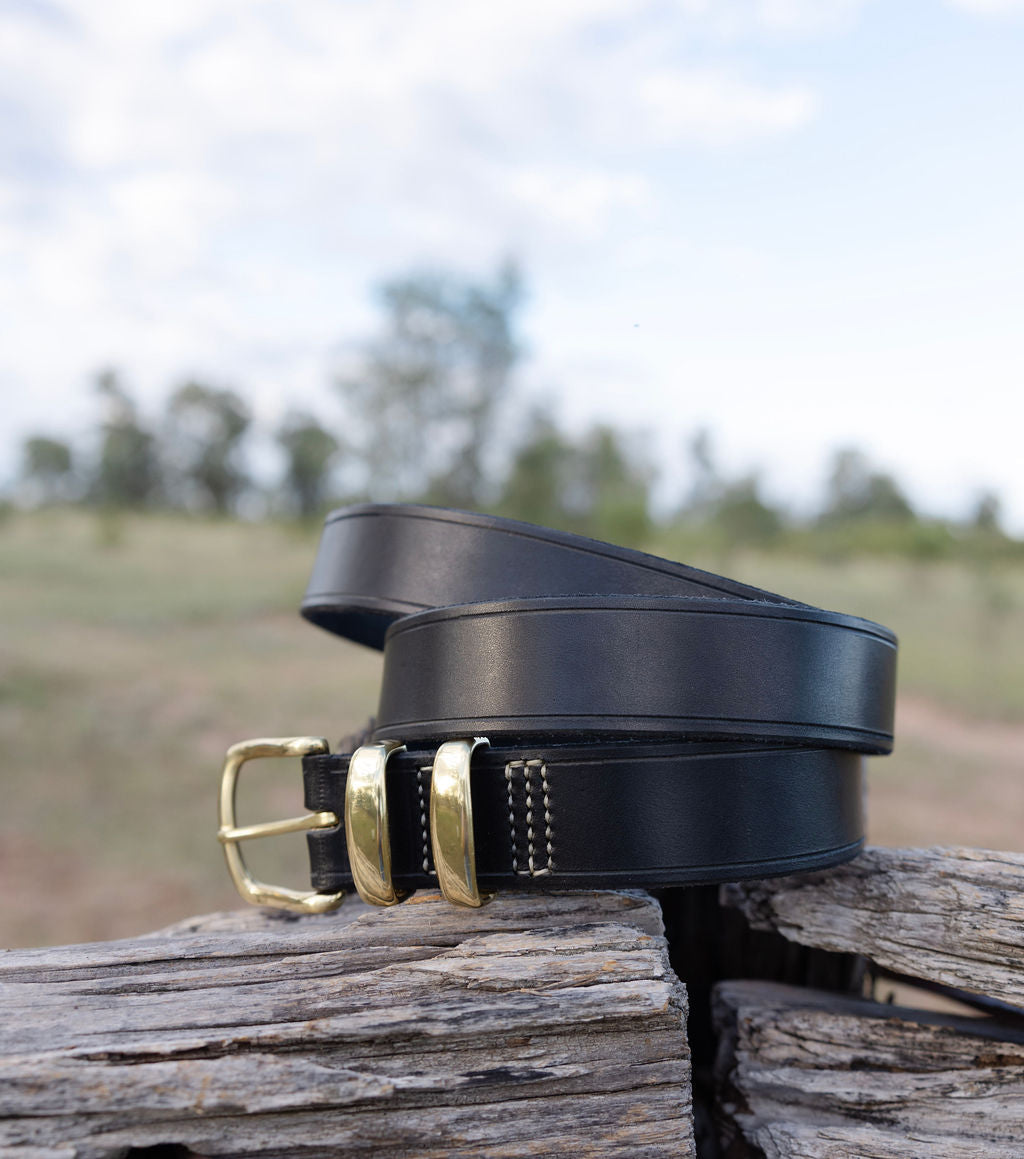 Black leather belt with gold buckle, 38 inch