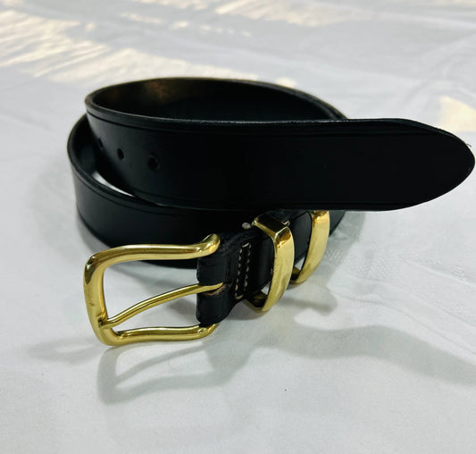 Black leather belt with gold buckle, 38 inch