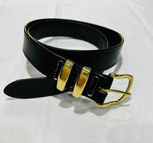 Black leather belt with gold buckle, 42 inch